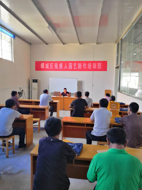 图为峄城区残疾人园艺制作培训班讲师在讲课